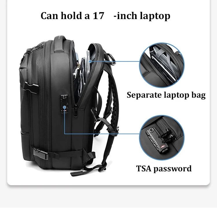 Reisesekk for menn – 17" laptop, stor kapasitet, kompresjon og utvidbar skolesekk
