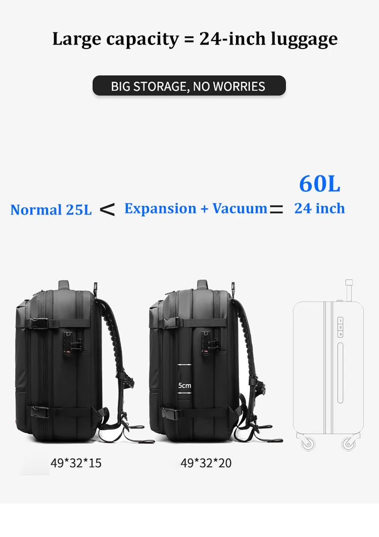 Reisesekk for menn – 17" laptop, stor kapasitet, kompresjon og utvidbar skolesekk